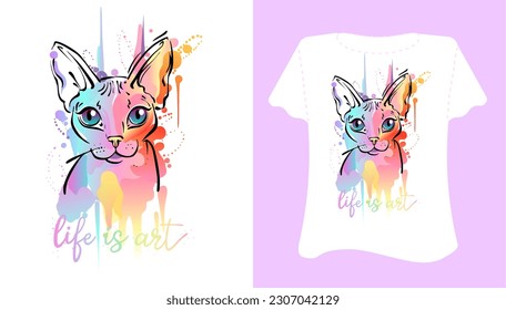 Watercolor cat slogan text, beautiful  meow cartoon drawings on white  . Vector illustration design for fashion graphics, t shirt prints, cards, templates.