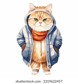 watercolor cat wearing clothes playfull funny white background isolated. illustration vector