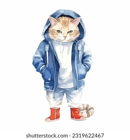 watercolor cat wearing clothes playfull funny white background isolated. illustration vector