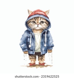 watercolor cat wearing clothes playfull funny white background isolated. illustration vector