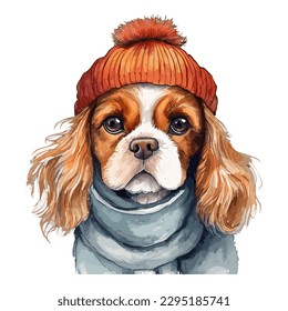 Aquarellfarbener König Charles Spaniel Welpe mit Baumwollhut und Scarf