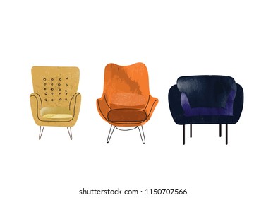 watercolor chair illustration collection. hand drawn armchair. interior design elements. 