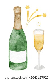 Watercolor Champagne bottle with sparkling glass and celebration stars clip art. Vector illustration