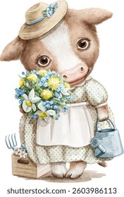 Watercolor character animal red cow in dress with bouquet of flowers and watering can vector