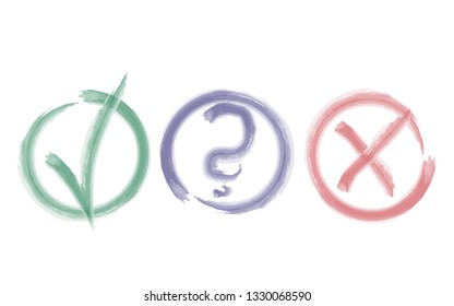 Watercolor check marks design. Question, red X and green tick check marks. Red X and green OK symbol icons in round check boxes. Check list marks, choice options, test, quiz or survey signs
