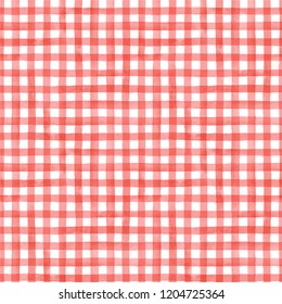 watercolor check ; vector, red, seamless pattern, hand painting, plaid