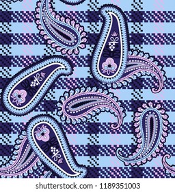 Watercolor checks and paisley pattern. Vector background