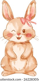 Watercolor cheerful bunny girl with red bow. Watercolor Vector illustration for baby room decoration, nursery, and baby shower project.