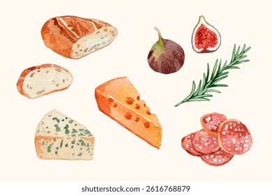 Coleção de elementos de placa de queijo aquarela