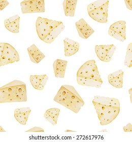 Watercolor cheese seamless pattern. Organic food illustration with cheese pieces. Eco farm food illustration.