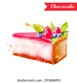  Watercolor cheesecake with blueberries and raspberries. Vector illustration. Hand drawn. Illustration for cooking site, menus, books.