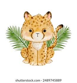 Watercolor Cheetah sitting in leaf wreath. Safari baby animal for wall art, nursery decorations, birthday invitations vector