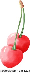 Watercolor Cherries with Green Stems