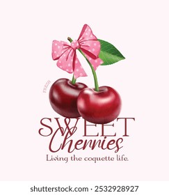 Watercolor cherries with pink bow sweet moment print style. Vector for silkscreen, t-shirts, signs, banners, Sublimation Jobs or for any application. vintage graphics print art,