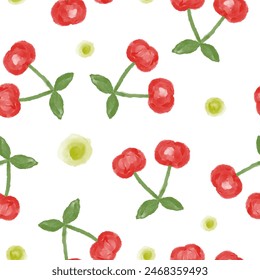 Watercolor cherries red and green fruits seamless pattern