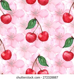 Watercolor cherry berry sakura seamless pattern texture background vector