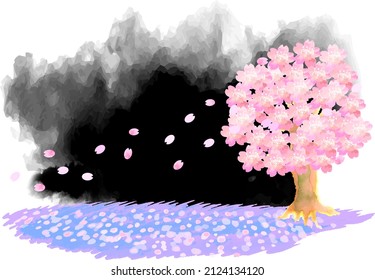 watercolor cherry blossom flowers and falling petals at night illustration