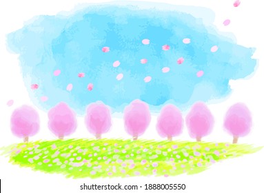 watercolor cherry blossom flowers and sky in Spring illustration that is divided into layers