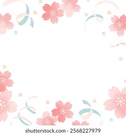 Watercolor Cherry Blossom Frame | Background with soft design of pink flowers and ribbons for spring