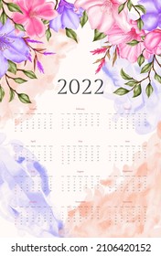 Watercolor cherry blossom new year 2022 calendar template