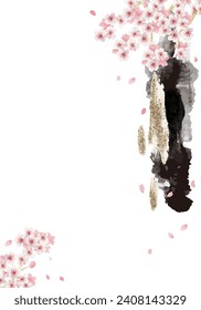 watercolor cherry blossom at night 
 black and gold frame, vector