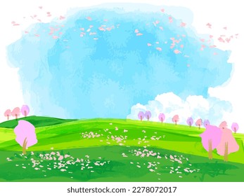 watercolor cherry blossom Spring landscape illustration, vector