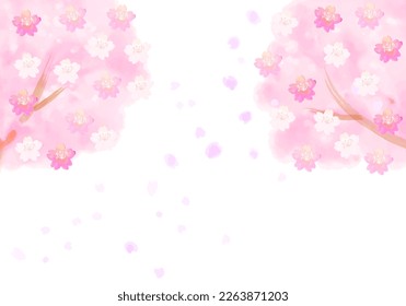 watercolor cherry blossom tree and falling petals white background illustration, vector