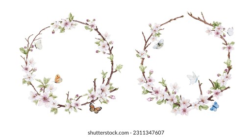 Watercolor cherry blossom wreath and butterflies. Natural round frame with sakura tree and leaves branch, vector isolated on white background.