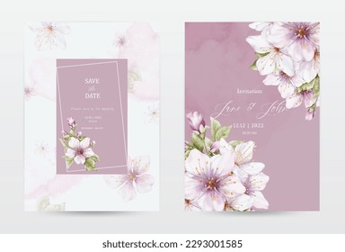 Aquarellkirschblüten blühen Einladungskarten Set. Rosa Sammlung Aquarellblumen Vektorgrafik eignet sich für Hochzeitseinladungen, speichern Sie das Datum, danke, oder Grußkarten.