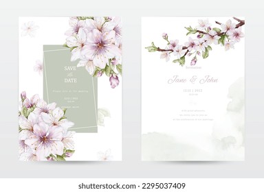 Watercolor cherry blossoms blooming invitation template cards set. Green collection watercolor flowers vector is suitable for Wedding invitations, save the date, thank you, or greeting cards.