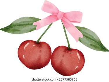 Watercolor Cherry bow vector, Vector watercolor cherries with a red bow isolated on white