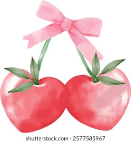 Watercolor Cherry bow vector, Vector watercolor cherries with a red bow isolated on white