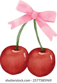 Watercolor Cherry bow vector, Vector watercolor cherries with a red bow isolated on white