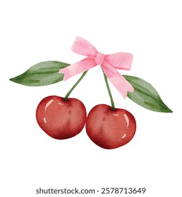 Watercolor Cherry bow Vector, Watercolor Cherries and multicolor Bows, red Cherry and Bow  Coquette