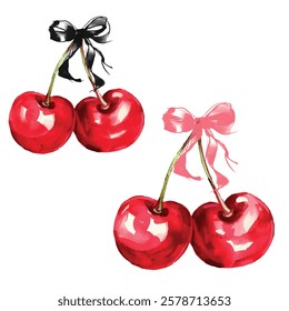 Watercolor Cherry bow Vector, Watercolor Cherries and multicolor Bows, red Cherry and Bow  Coquette