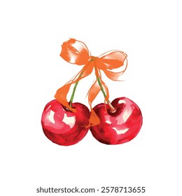 Watercolor Cherry bow Vector, Watercolor Cherries and multicolor Bows, red Cherry and Bow  Coquette