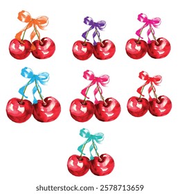 Watercolor Cherry bow Vector, Watercolor Cherries and multicolor Bows, red Cherry and Bow  Coquette