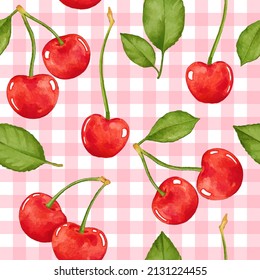 watercolor cherry with leaves seamless pattern