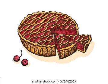 Watercolor cherry pie in graphic style