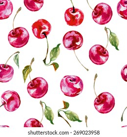 Watercolor cherry. Seamless background . Vector illustration