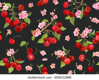 Patrón transparente de cerezo acuarela. Bayas de verano, frutas, hojas, flores de fondo. Ilustración vectorial para la cubierta de primavera, textura de papel tapiz tropical, fondo, invitación a la boda