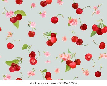Patrón transparente de cerezo acuarela. Bayas de verano, frutas, hojas, flores de fondo. Ilustración vectorial para la cubierta de primavera, textura de papel tapiz tropical, fondo, invitación a la boda