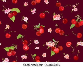 Watercolor cherry seamless pattern. Summer berries, fruits, leaves, flowers background. Vector illustration for spring cover, tropical wallpaper texture, backdrop, wedding invitation