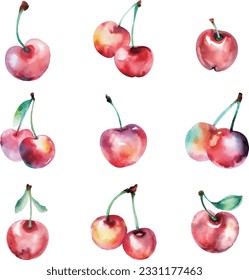 Un juego de cerezas acuarela. Ilustración dibujada a mano aislada en fondo blanco.