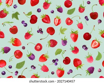 Watercolor cherry, strawberry, raspberry, black currant seamless pattern. Summer berries, fruits, leaves, flowers background. Vector illustration for spring cover, tropical wallpaper texture, backdrop