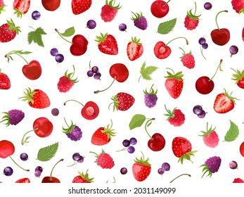 Watercolor cherry, strawberry, raspberry, black currant seamless pattern. Summer berries, fruits, leaves, flowers background. Vector illustration for spring cover, tropical wallpaper texture, backdrop