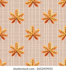 Watercolor chestnut leaves seamless pattern in warm autumn tones. Perfect for seasonal textile, digital paper, and cozy fall designs.