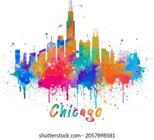 Watercolor Chicago City Skyline colorful splatters with clipping path