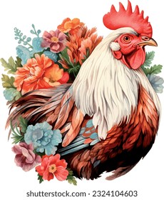 Watercolor chicken illustration floral hen vector, roosters image painting bright colorful drawing. orange, red, brown, multi-color Collection, poultry chicken bird in the village. Capon, Cock