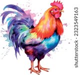 Watercolor chicken illustration hen vector, roosters image painting bright colorful drawing isolated object. orange-red-brown, multi-color Collection, poultry chicken bird in the village. Capon, Cock